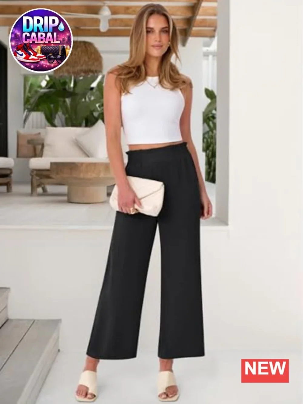 Palazzo Wide Leg Cropped Pants with Pockets, High Waist, Flowy Casual Trousers